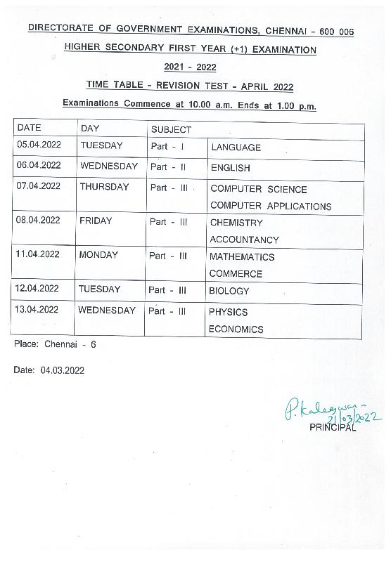 Lord Lions School Sivakasi II Revision Exam Time Table for Std X XI amp XII