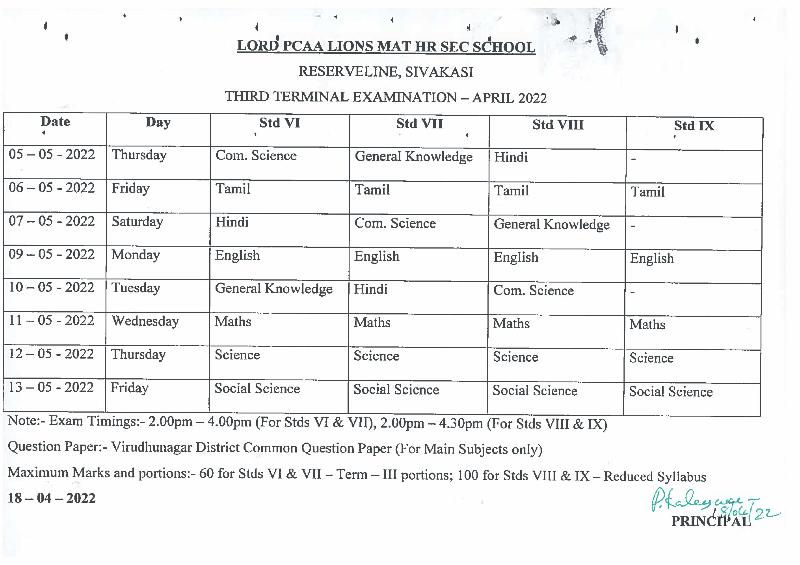 Lord Lions School Sivakasi III Terminal Exam Time Table   2021 22 for Stds I   IX