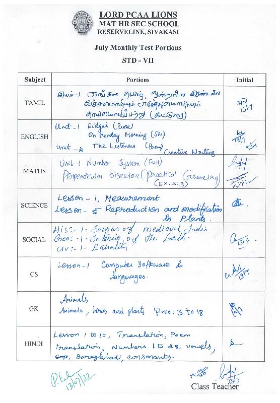 Lord Lions School Sivakasi July Monthly Test Portions
